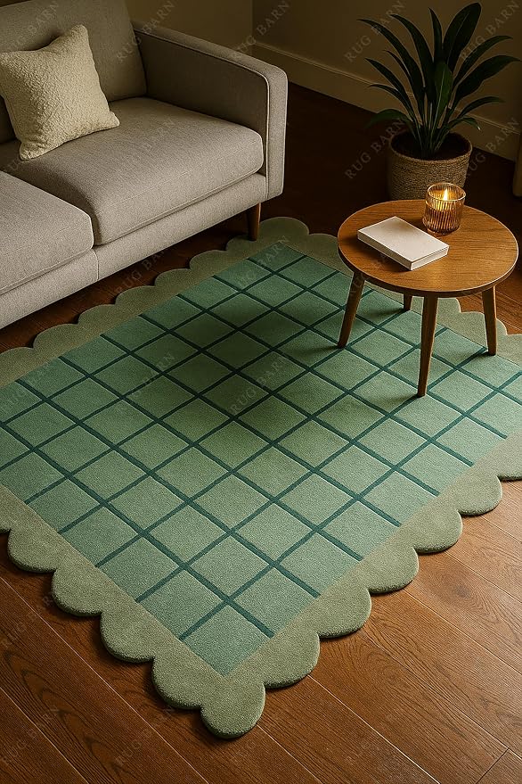 Mint Green Scalloped Edge Wool Area Rug by RUGBARN