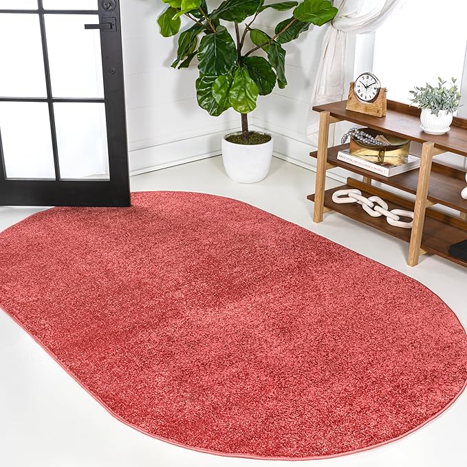 Eyely UES100E-3OV Haze Solid Low-Pile Red 3 ft. x 5 ft. Oval Area Rug, Pet by eyely