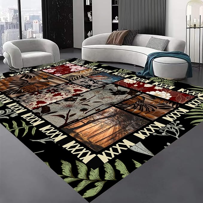 Vintage Jungle Floral Area Rug 5x7ft, Tropical Leaf Print Low Pile Carpet by Unknown