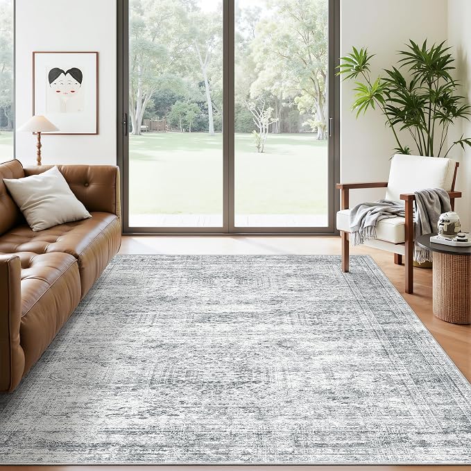 5x7 Area Rugs Gray Low Pile Indoor Washable Trendy Faded Style Rugs by Soalmost