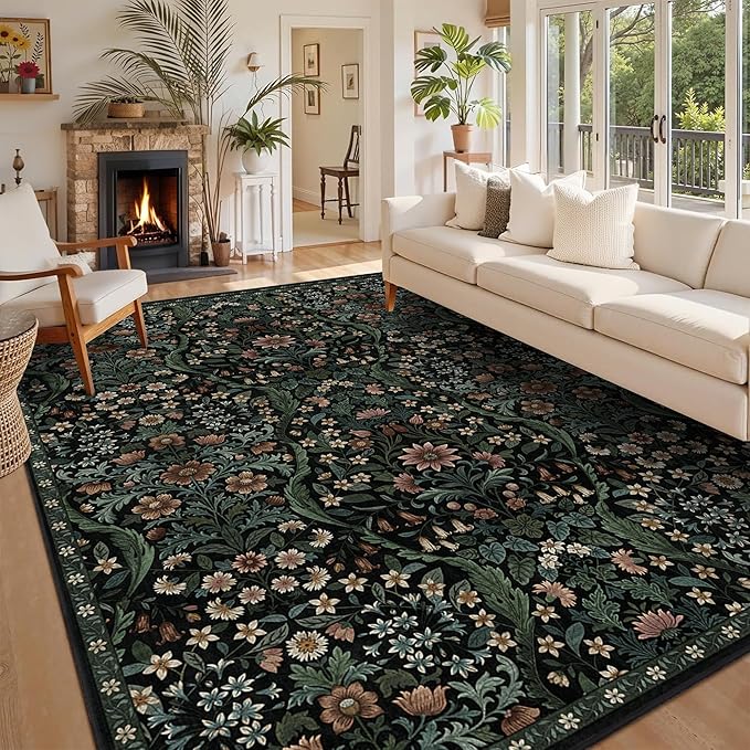 9x12 Black Vintage Floral Area Rug, Washable Large Boho Living Room Rugs - Image 3