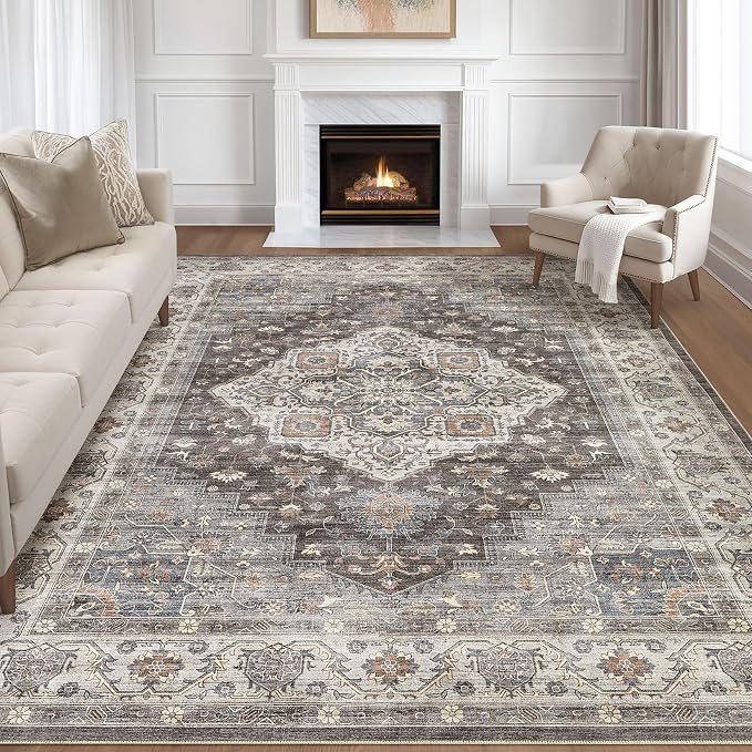 9x12 Area Rug Living Room: Washable Boho Large Neutral Vintage Soft Rugs Stain by LOONGRUG