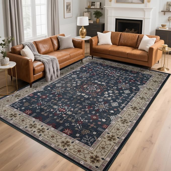 6x9 Washable Blue Area Rug for Living Room Bedroom, Boho Dining Room Rugs for by Zarvenda