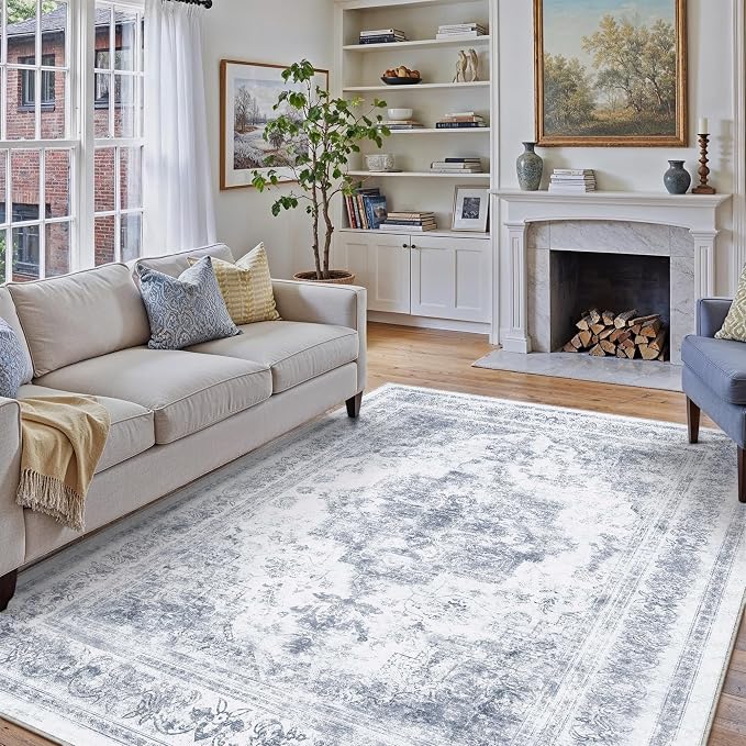 Washable Rug 9x12 Area Rug for Living Room Blue Vintage Boho Medallion Large - Image 5