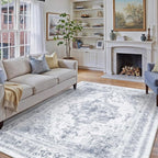 Washable Rug 9x12 Area Rug for Living Room Blue Vintage Boho Medallion Large - Image 5