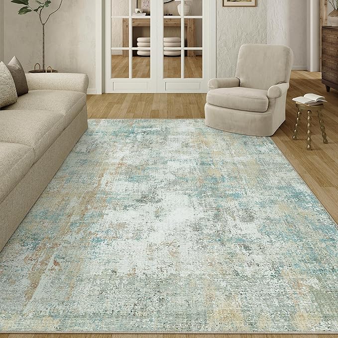 6x9 Washable Area Rug Teal Beige Abstract Living Room Bedroom Carpet Neutral - Image 4