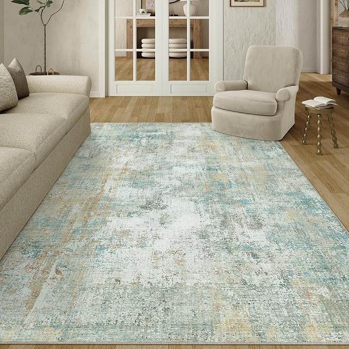 5x7 Washable Area Rug Teal Beige Abstract Living Room Bedroom Carpet Neutral - Image 5