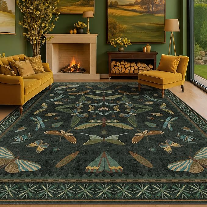 7x9 Insect Dark Green Rugs for Living Room, Boho & Forest Design Area Rug for - Image 6