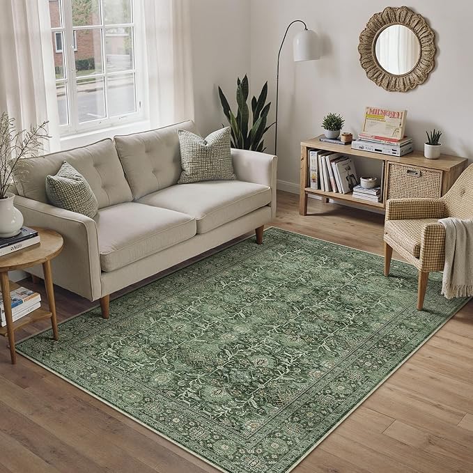 Green Area Rug 3x5 Washable Office Entryway Carpet Soft Vintage Indoor Kitchen by PureCozy