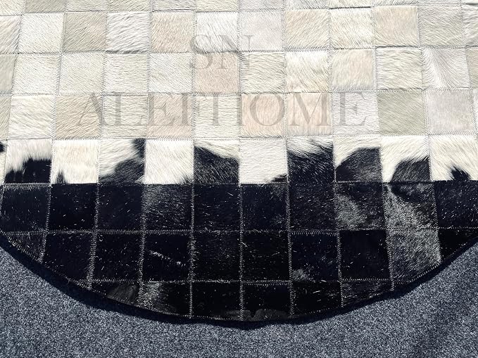 Round Geometric Patchwork Cowhide Leather Area Rug – Non-Slip Modern Faux - Image 9