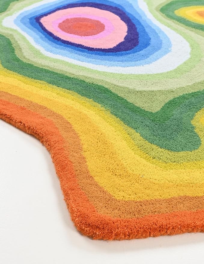 Irregular Shaped Handmade Wool Area Rug | Modern Colourful Stripe Premium - Image 3