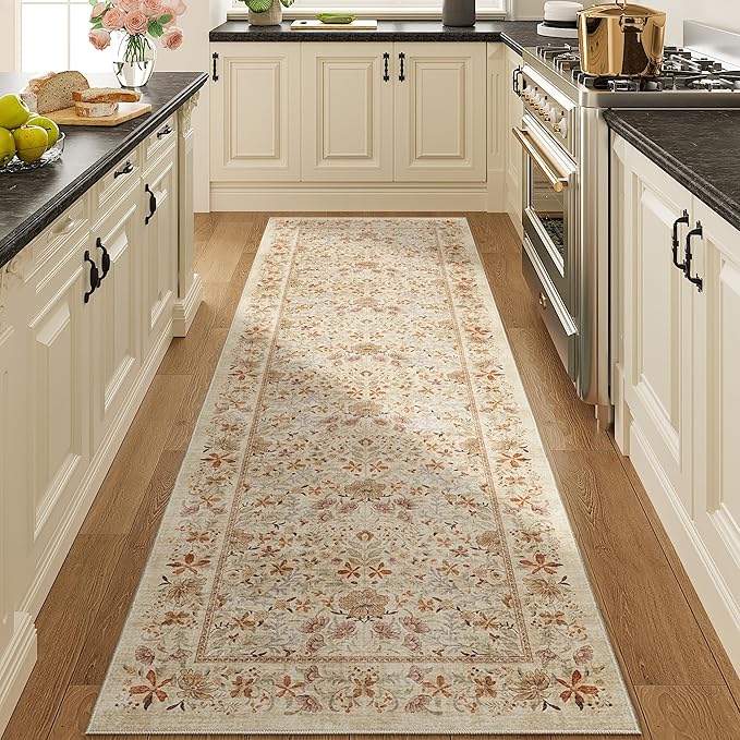 DUKINO 2.6x8 Runner Rug for Hallway, Washable Vintage Floral Kitchen Rug by DUKINO