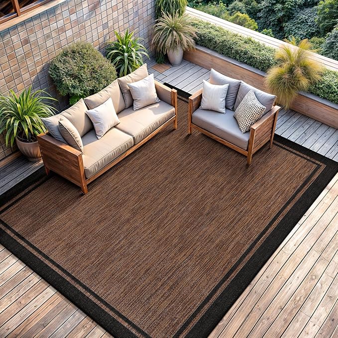 CAMILSON Indoor Outdoor Rug, 6x9 Bordered Nut Brown Black Modern Area Rugs - Image 4