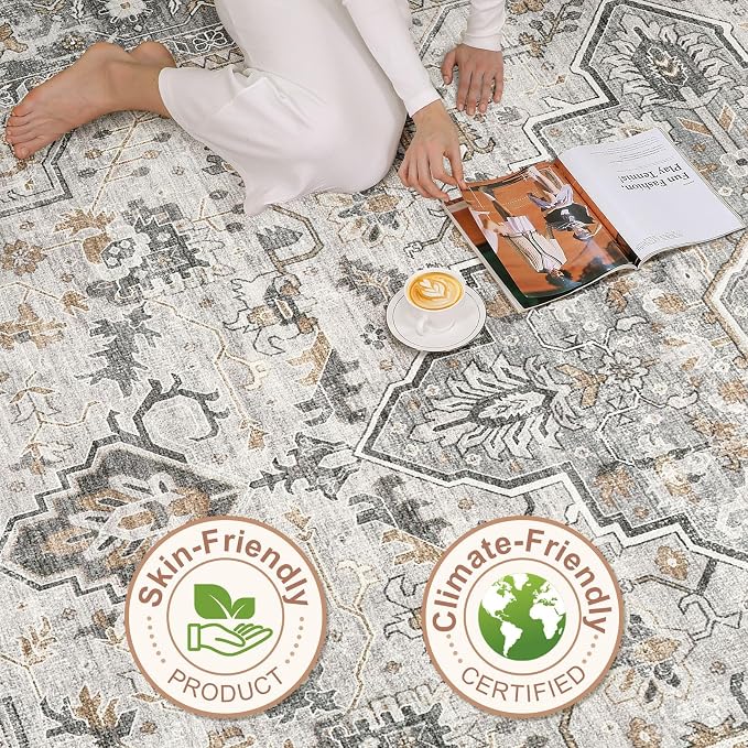 10x14 Area Rugs Living Room: Washable Boho Large Neutral Vintage Soft Rug Stain - Image 8