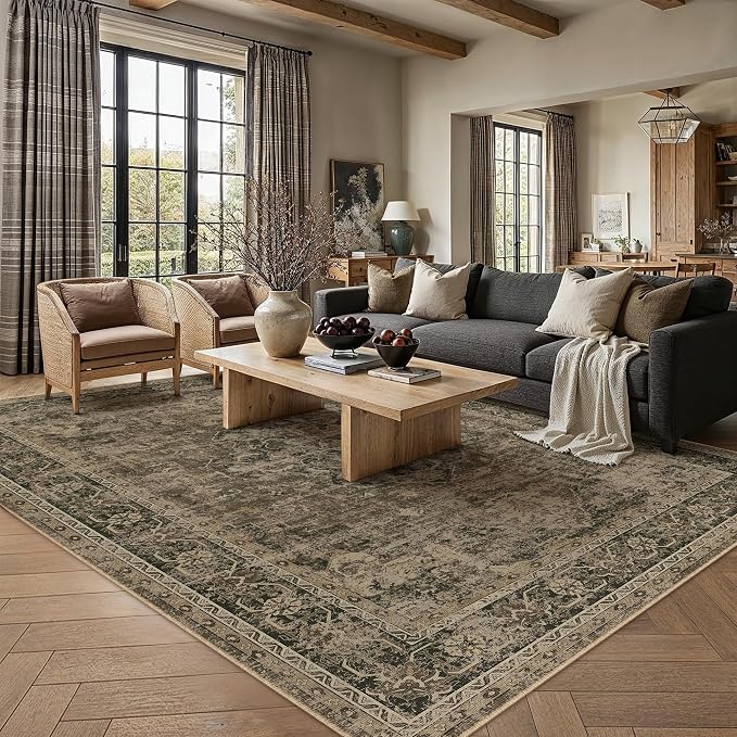 9x12 Washable Area Rug Brown Vintage Distressed Large Rug - Image 3