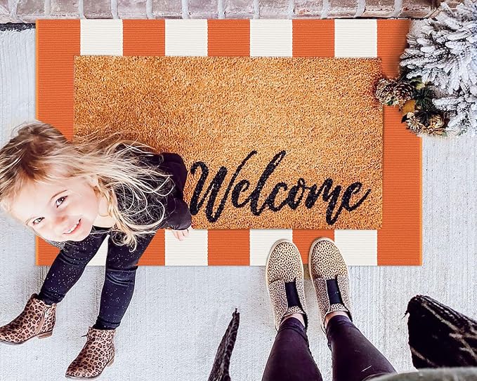KOZYFLY Orange and White Striped Rug Doormat 2x3 Ft Halloween Fall Cotton Woven - Image 3