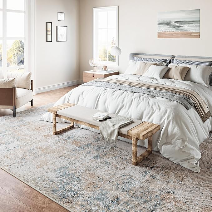 8x10 Washable Area Rug Beige Blue Abstract Living Room Bedroom Carpet Neutral - Image 3