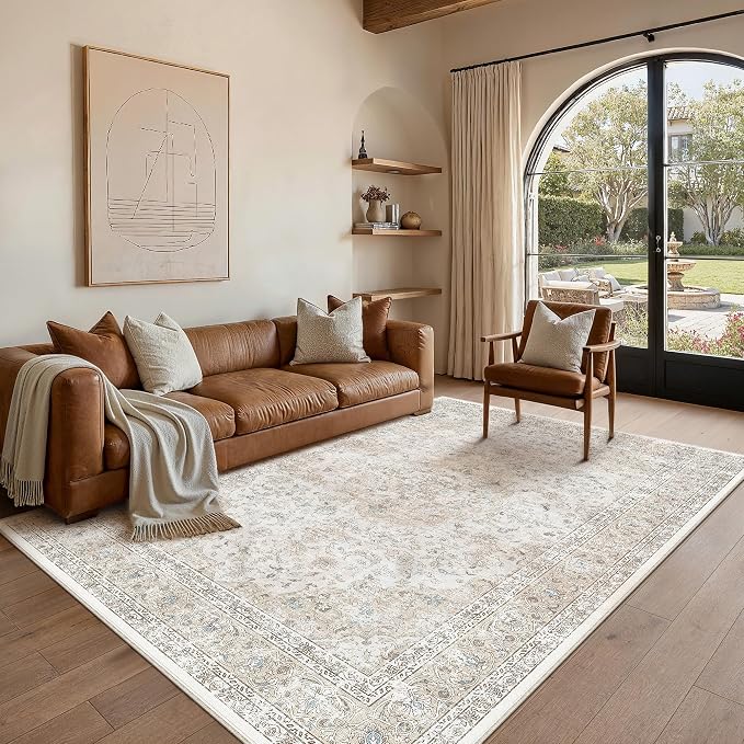 5x7 Washable Vintage Area Rug for Living Room Bedroom Beige Grey Soft by WondRg