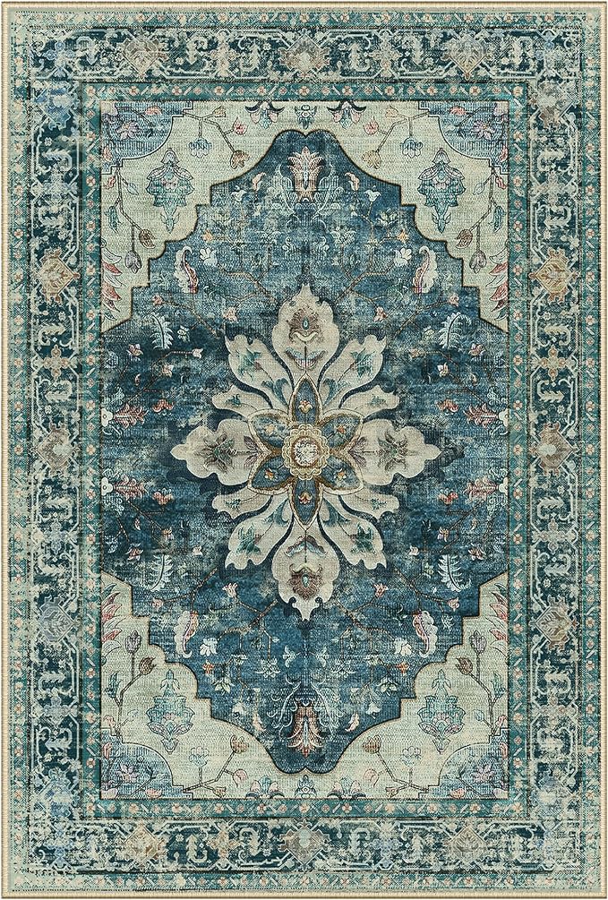 Area Rugs 3'x4' Washable Non-Slip, Floral Vintage Distress Print Pattern by RELEANY