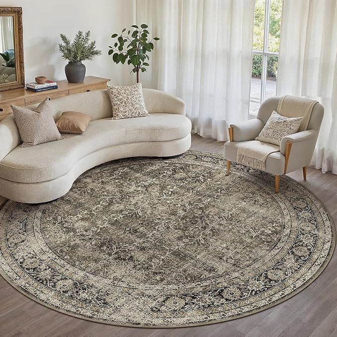 Brown Round Area Rug 6ft Washable 6x6 Circle Vintage Low Pile Indoor Large by PureCozy