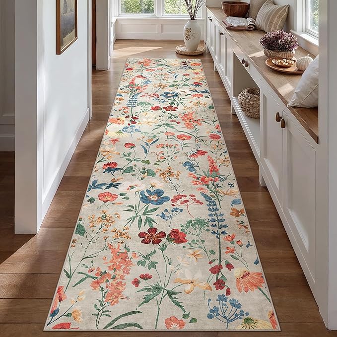 Floral Runner Rug 3x10 Washable Hallway Long Beige Bedroom Carpet Non Slip by PureCozy