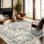 Washable Area Rug 10'x14' Cyan Khaki Retro Flowers Boho Design Non-Shedding by CHAMPLANT
