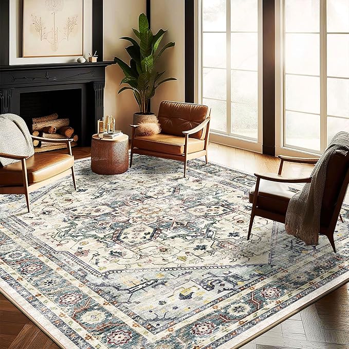 Washable Area Rug 10'x14' Cyan Khaki Retro Flowers Boho Design Non-Shedding by CHAMPLANT