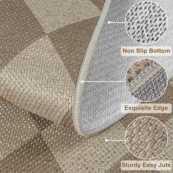 Easy Jute Checkered Entryway Rug, 2x3 Brown Modern Indoor Outdoor Doormat - Image 2