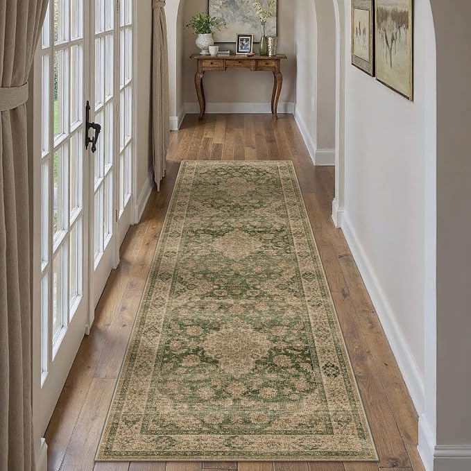 HUGEAR 2x10 Runner Rug Hallway Machine Washable Retro Green Vintage Floral Low by HUGEAR