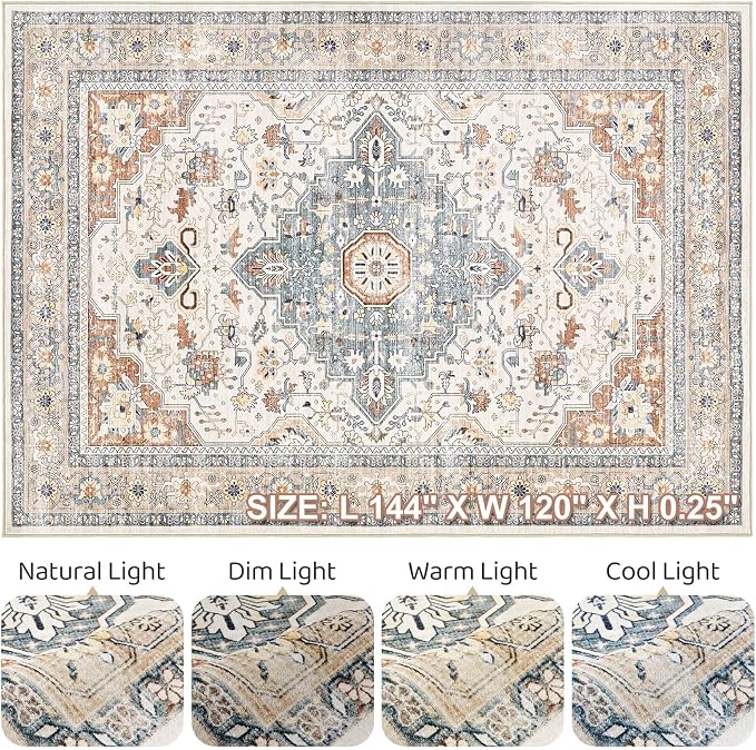 10x12 Area Rug Living Room: Washable Boho Large Neutral Vintage Soft Rugs Stain - Image 9