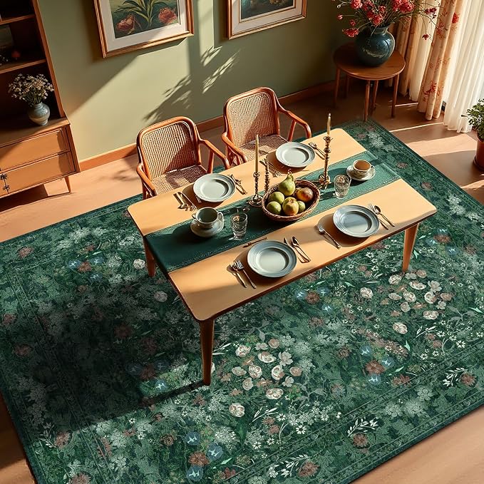 Green Floral 8x10 Living Room Area Rug, Washable Vintage Distressed Rug - Image 3