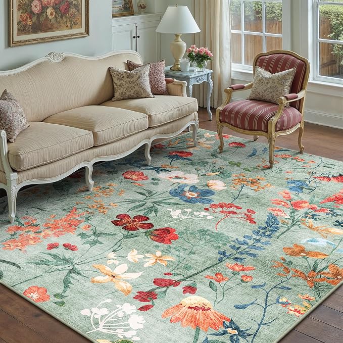 Green Area Rug 5x7 Floral Washable Living Room Kitchen Boho Carpet Non Slip Low by PureCozy