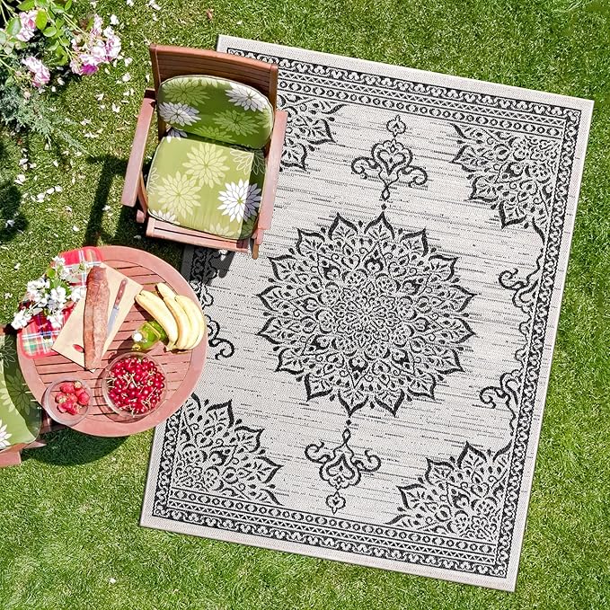 CAMILSON Outdoor Rug, 8x10 Medallion White Black Modern Area Rugs by CAMILSONIndoorOutdoorAreaRugs
