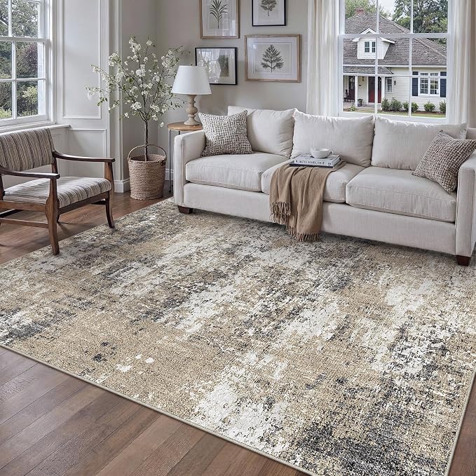 5x7 Abstract Area Rug Brown Washable Non Slip Living Room Carpet Modern Neutral by PureCozy