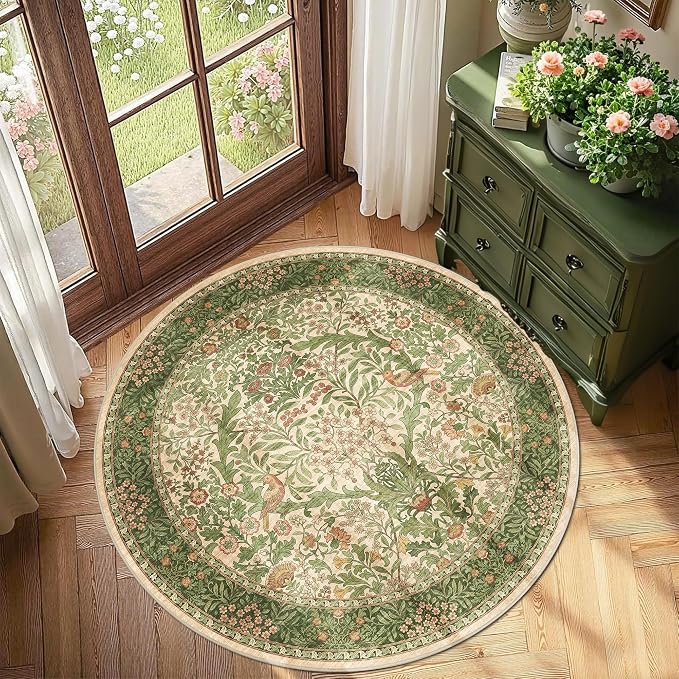 4ft Round Area Rugs for Living Room, Washable Floral Circle Rug Non Slip Low - Image 2