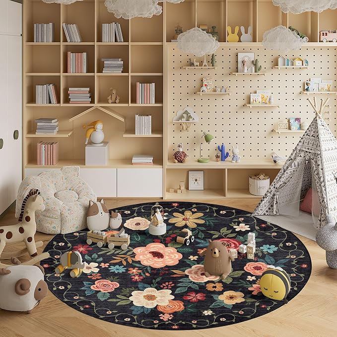 DUKINO Floral Round Rug, 6ft Washable Circle Rug, Non Slip Indoor Low Pile - Image 4