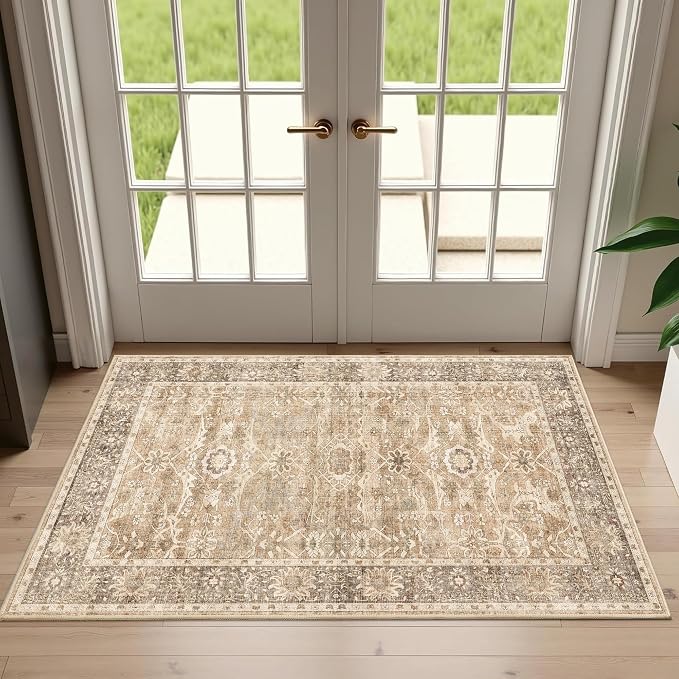 2x3 Entryway Rug Beige Washable Vintage Rugs - Image 2