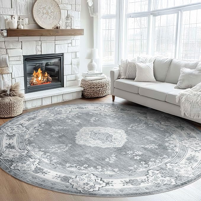 MUJOO Grey Round Rug 9ft, Large Circle Washable Area Rugs - Image 2