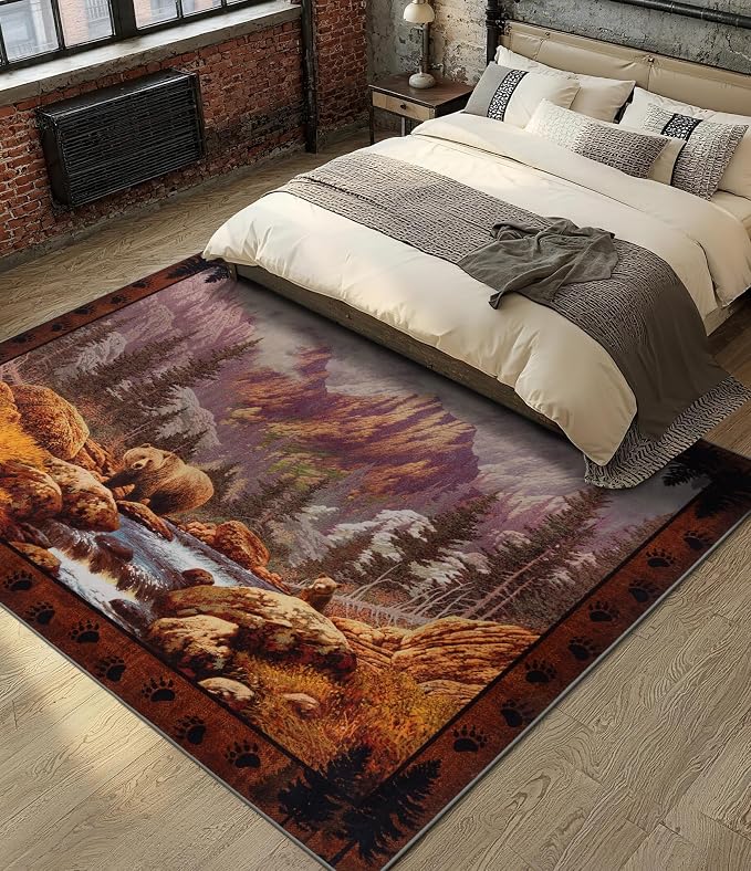 YIHOUSE Rustic Cabin Area Rug for Bedroom 5x7, Machine Washable Woodland Bear - Image 3