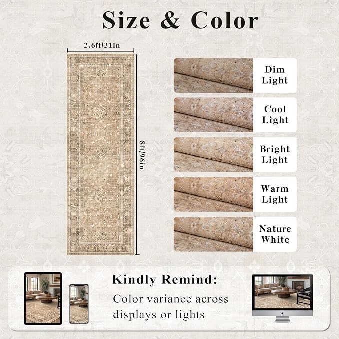 2.6x8 Runner Rug for Hallways Vintage Distressed Non Slip Long Carpet Floral - Image 2