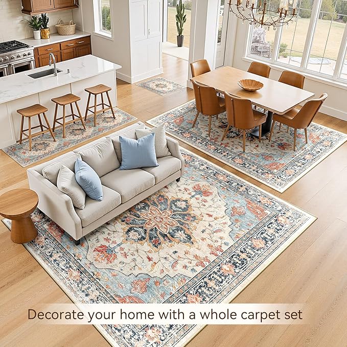 Area Rugs 10'x12' Washable Non-Slip, Floral Vintage Distress Print Pattern - Image 4