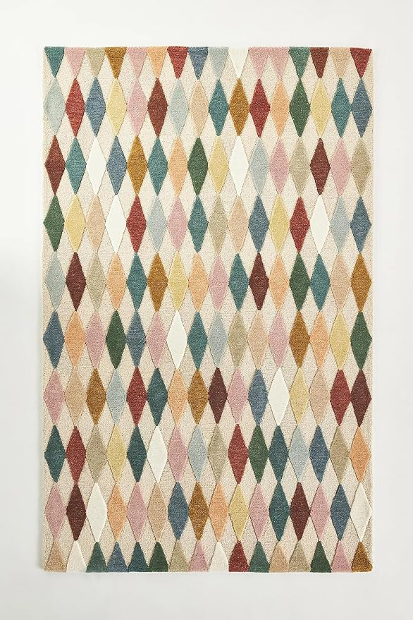 Hand-Tufted Wool Rug with Multicolor Diamond Pattern by Unknown