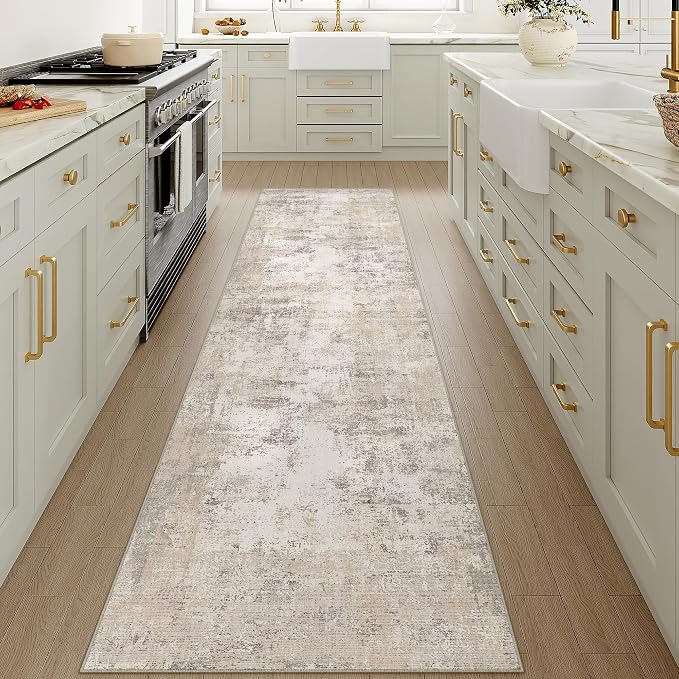 2x10 Washable Runner Rug Beige Grey Abstract Hallway Kitchen Throw Rug Neutral - Image 3