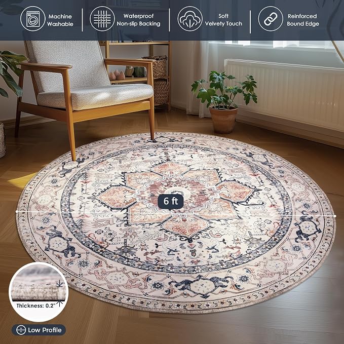 PURRUGS Vintage Farmhouse Boho Area Rug 6x6 ft, Non-Slip Machine Washable Round - Image 3