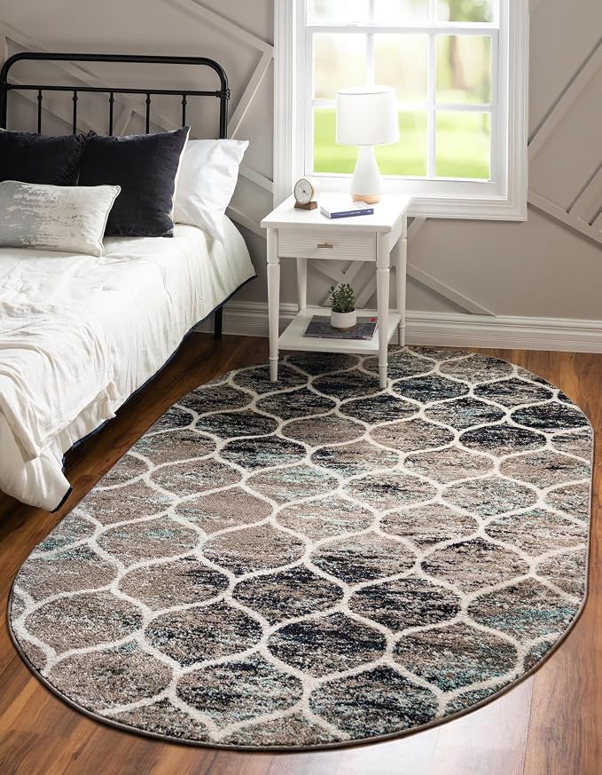 Rugs.com Lattice Frieze Collection Rug – 5' x 8' Oval Blue Multi Medium Rug by Rugscom