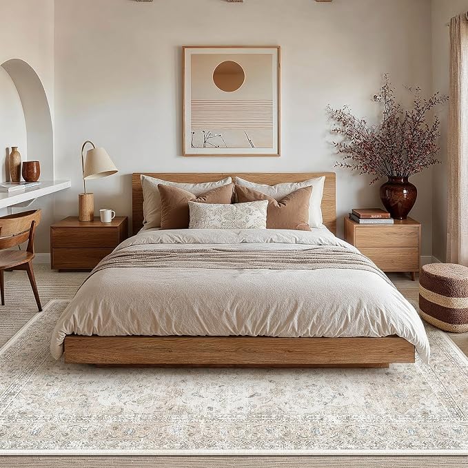 6x9 Washable Vintage Area Rug for Living Room Bedroom Beige Grey Soft - Image 3