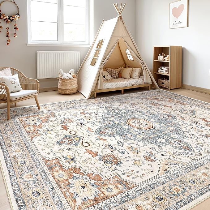 10x12 Area Rug Living Room: Washable Boho Large Neutral Vintage Soft Rugs Stain - Image 5