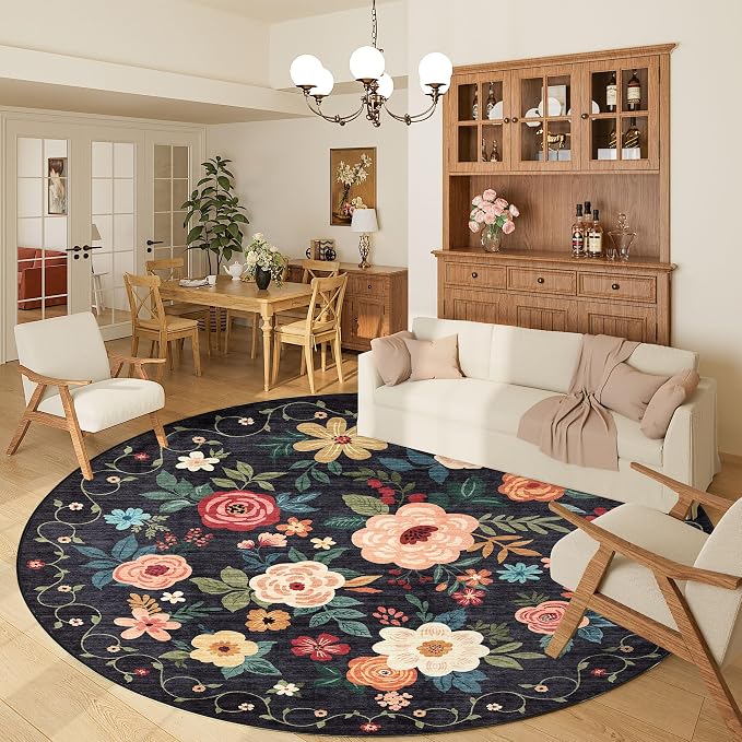 DUKINO Floral Round Rug, 6ft Washable Circle Rug, Non Slip Indoor Low Pile - Image 2