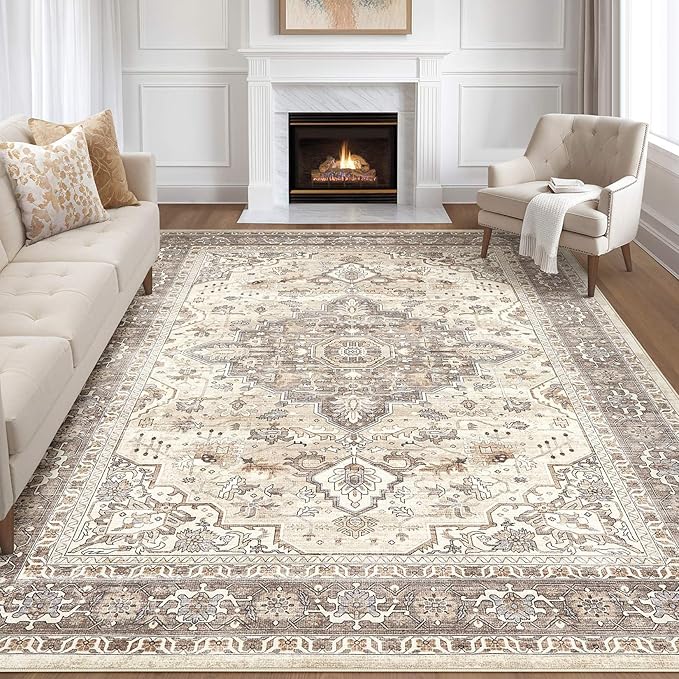 10x12 Area Rug Living Room: Washable Boho Large Neutral Vintage Soft Rugs Stain by LOONGRUG