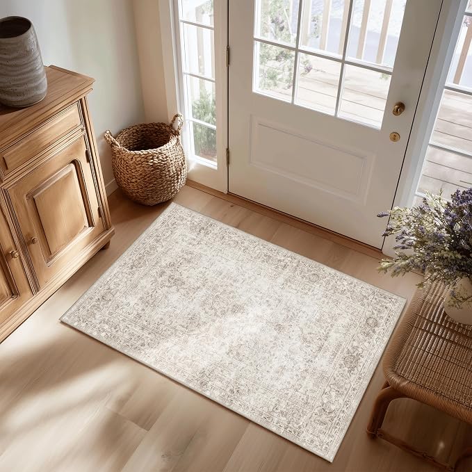 FMFUNCTEX Entryway Rug 2x3 Washable Beige Vintage Distressed Door Mat Non Slip by Fmfunctex